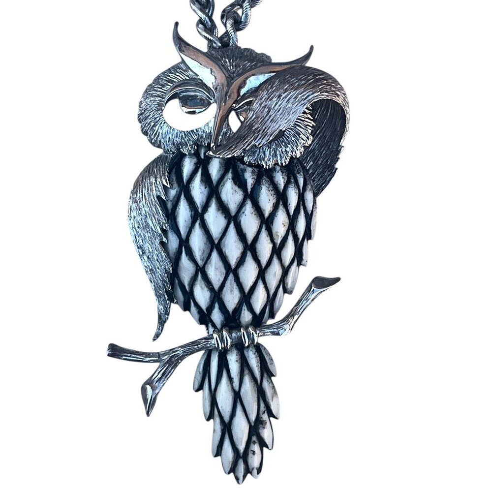 Signed Razza Large Owl Pendant Necklace With Articulating Branch Silver-Tone VTG